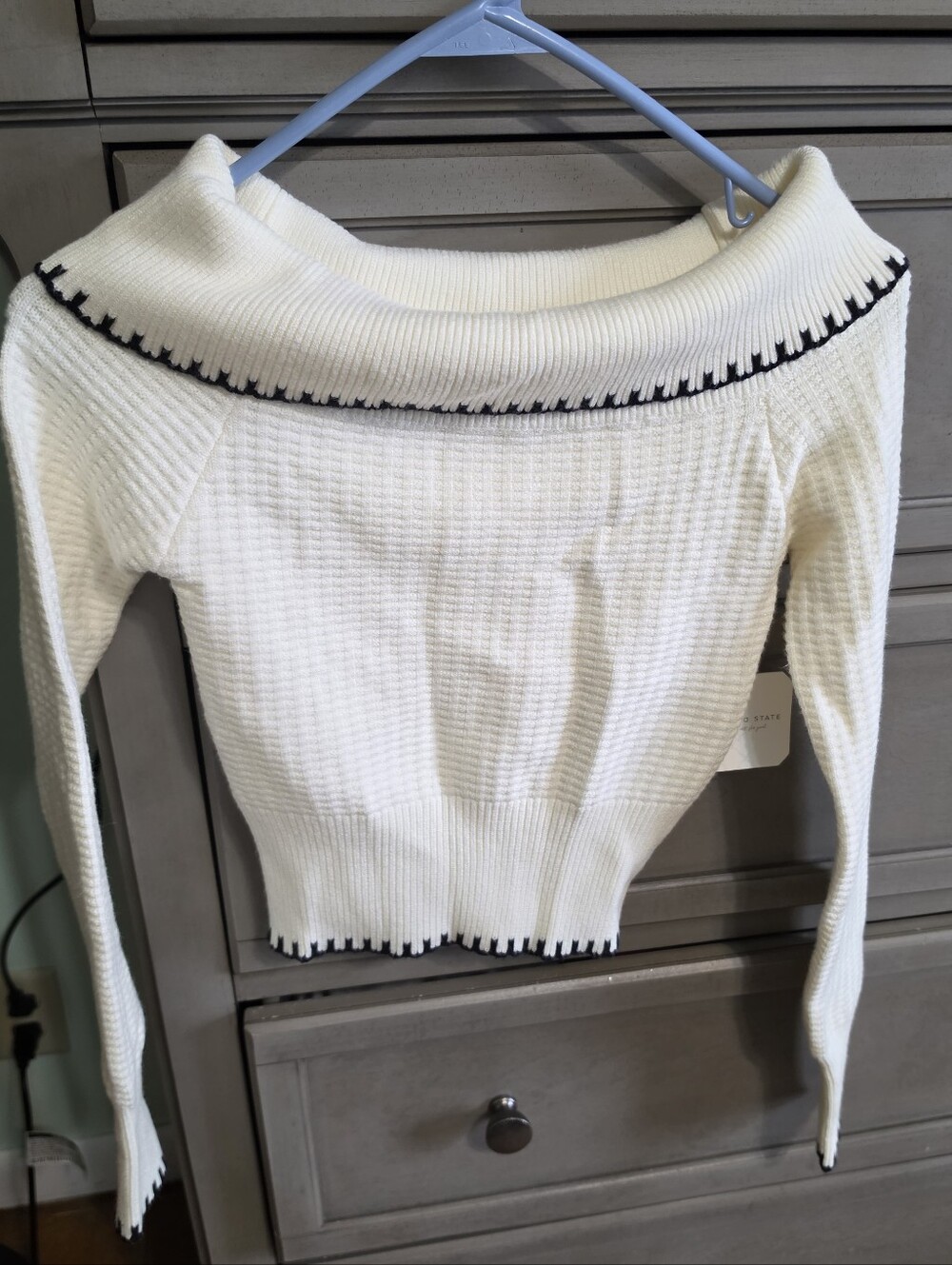 Altar'd State Cream Off-The-Shoulder Ribbed Sweater with Black Trim